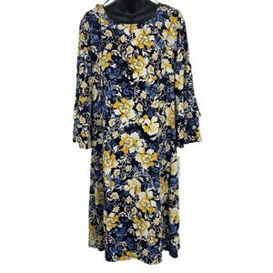 Glamour Women Floral Dress Size 14 Long Sleeve Blue Shift Necklace New